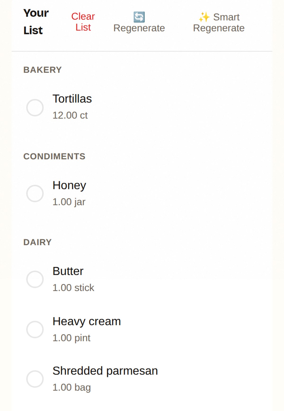 Shopping list grouped by grocery aisle